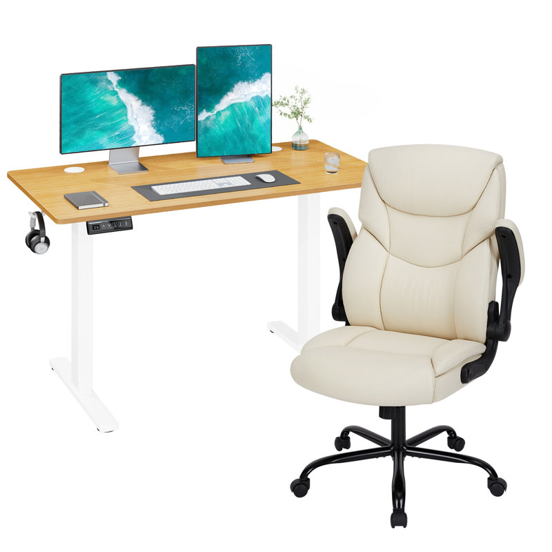 Ensemble de bureau pour travailler debout et à hauteur réglable avec fauteuil de direction, Naturel / Blanc