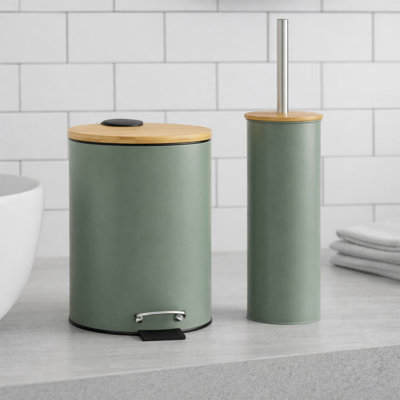 Bathroom Set with Bamboo Lid - Matte Metal Trash Can and Toilet Brush