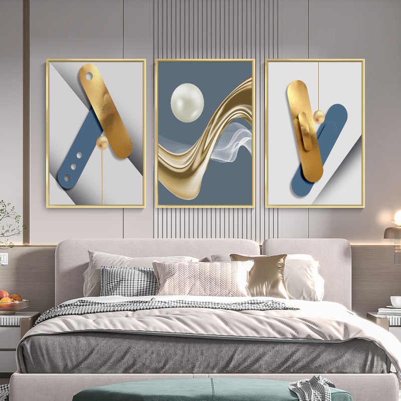 Luxueux aluminium encadré, ensemble de 3 reproductions d'art encadrées sur toile, Or, H 16,3 po x l 36,3 po x P 1,65 po