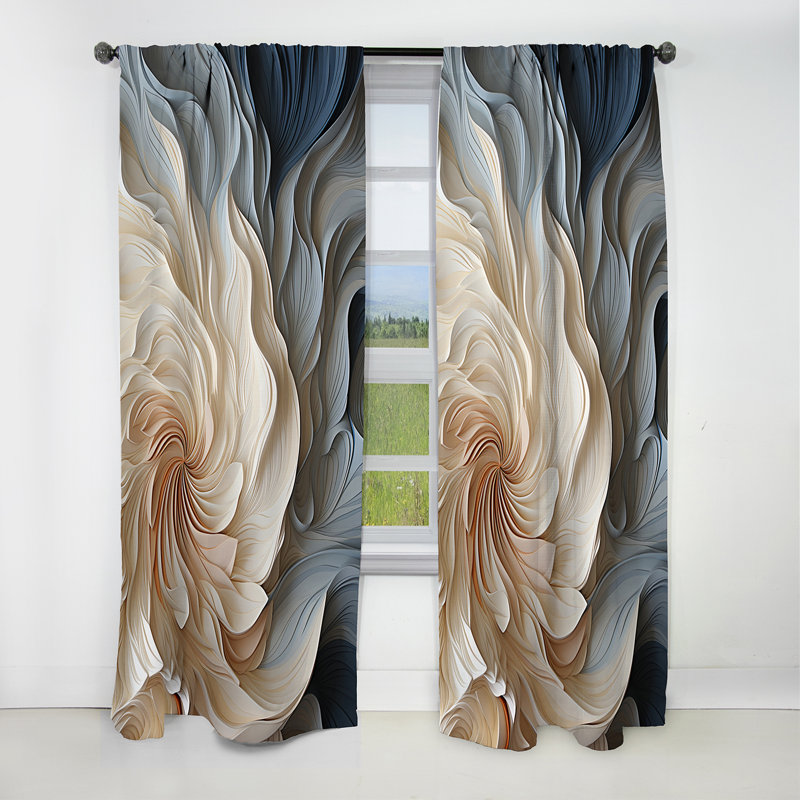Panneau de rideau géométrique, motif occultant de plumes bleues et blanches - spirale de plumes blanches et bleues II