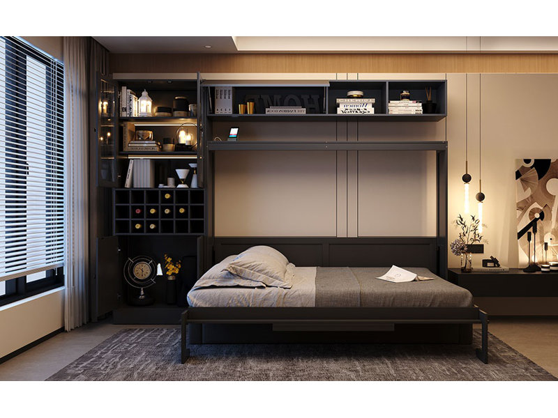 Lit escamotable mural avec canapé, tablettes USB et lumière Murphy, Double, Blanc