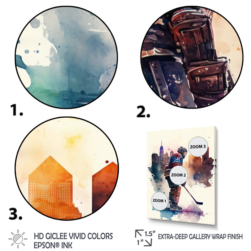 Joueur de hockey devant le paysage urbain I - Impression sur toile, H 32 po x l 24 po x P 1 po, Toile tendue
