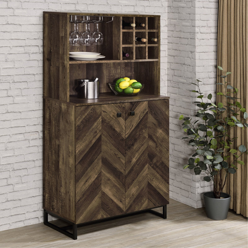 2-Doors Wine Cabinet With Rustic Oak Finish, Herringbone Design, Storage, , And Industrial Accents For Dining Room Modern Vintage Elements, Front, Rack, Stemware