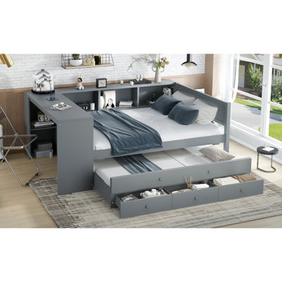 Lit de jour double avec lit gigogne, structure de lit de jour en bois avec tiroirs de rangement et tablettes latérales, lit de jour avec bureau, aucune boîte à ressorts nécessaire, gris