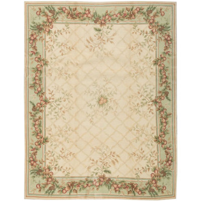 Tapis beige/vert clair en laine noué à la main ravenna Savonile