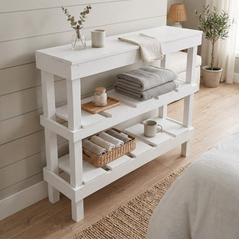 Console rustique à 3 niveaux en bois - Table d'entrée, canapé ou couloir fabriqué à la main, Blanc