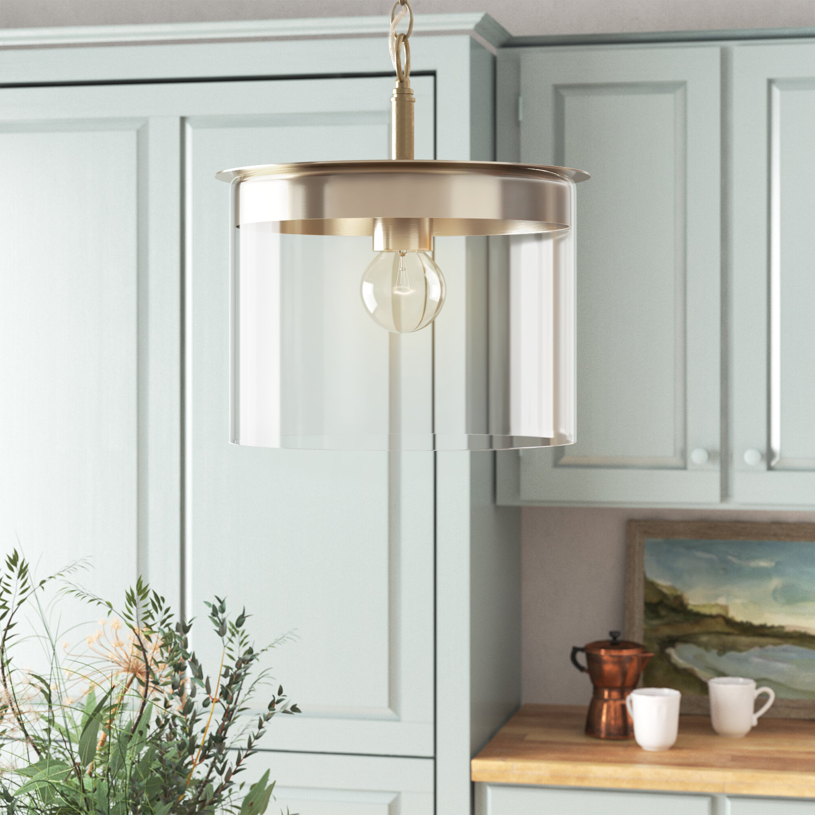 Elstone Single Light Glass Dimmable Pendant, Aged Brass