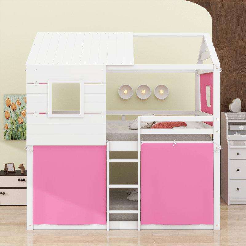 Bunk Wood House Bed With Tent, Full Over Full, Pink
