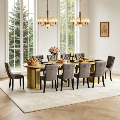 Oval Dining Table Set, 47"-118" Extendable Kitchen Table with Upholstered Dining Chairs,  Rustic Expandable Table with Fluted Storage Base, Extra Large Dining Room Table and Chairs Set for Home Office
