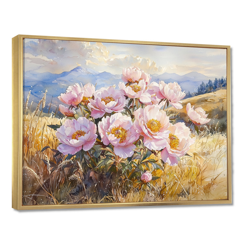 «Gissette Mountain Meadow Pe pivons II», art mural pivoines, Impression encadrée flottante, H 16 po x l 32 po, Doré