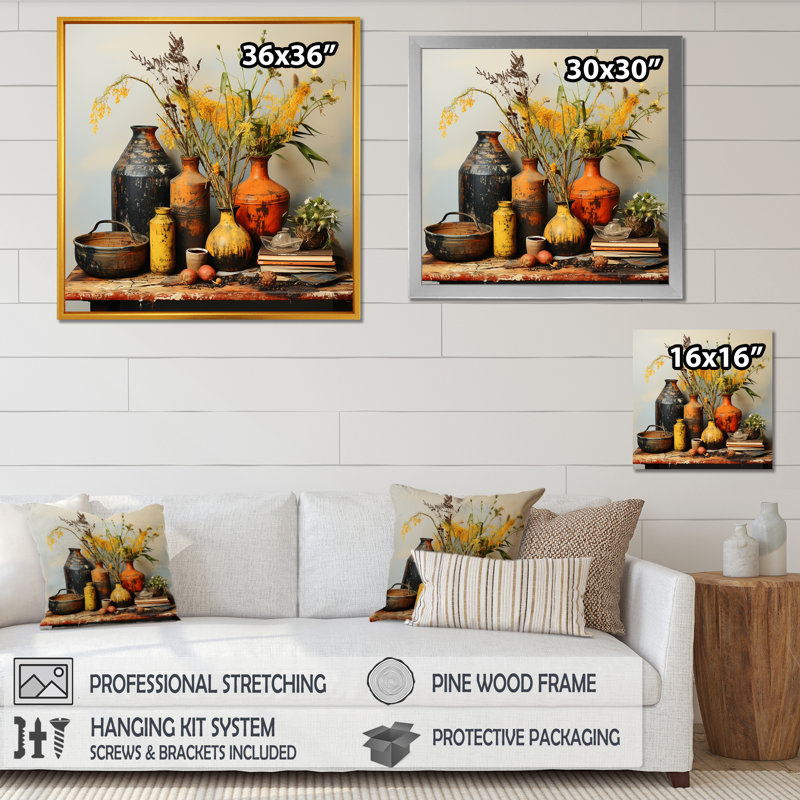 Art mural jaune Boho, H 30 po x l 30 po x P 1,5 po, Cadre doré simple