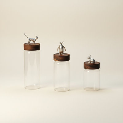 Animal Glass Storage Jars, Clear Glass Canister with Silver Cat, Penguin & Rabbit Figurines