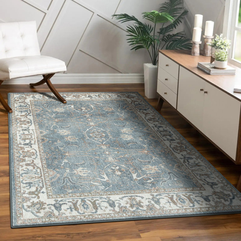 Tapis bleu à motif floral Lussi, Rectangle 8 pi x 10 pi