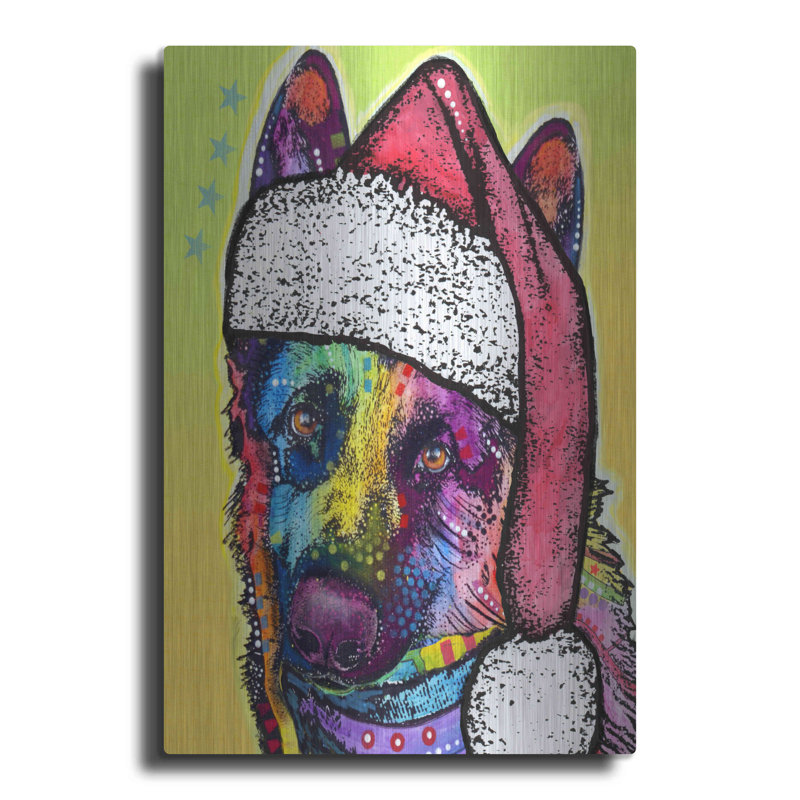 «German Shepherd Christmas» par Dean Russo - impression sans cadre sur métal, H 16 po x l 12 po x P 0,13 po