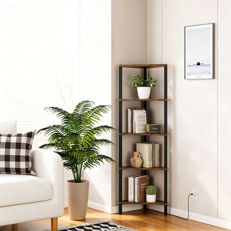 Metal Corner Bookcase, (6 Shelves) 148.5cm. H x 26cm. W x 26cm. D, Brown