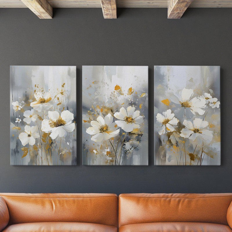 Ensemble de 3 toiles tendues avec châssis Floral Series Series Cxxxvii - Prêt à être accroché, H 27 po x l 18 po
