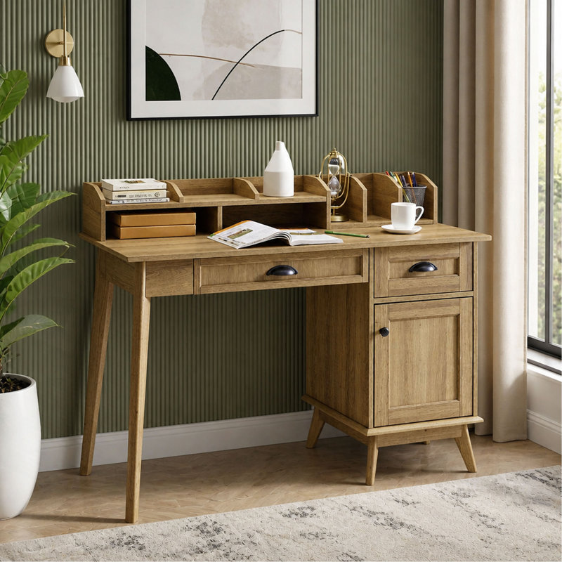 Bureau d'écriture pour bureau à domicile avec huche et armoire, en chêne, Beige