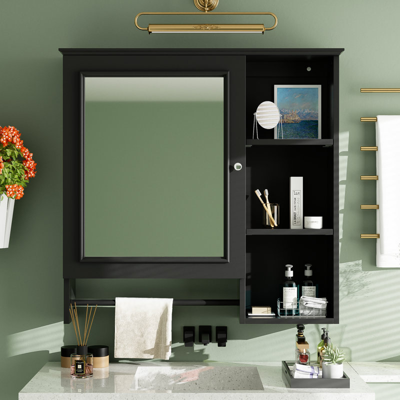 28.85'' W X 28" H Surface Framed Medicine Cabinet With Mirror And Adjustable Shelves, Black/Silver