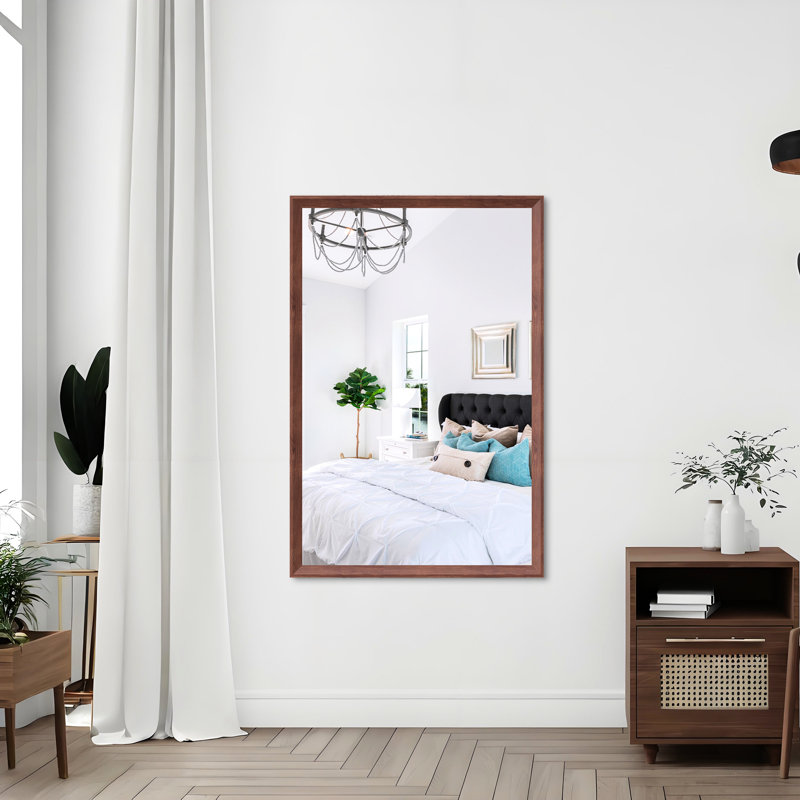 Miroir mural moderne surdimensionné de 122 x 81 cm avec cadre en aluminium couleur noyer, vision claire, installation verticale ou horizontale, design robuste, montage rapide, idéal pour salle de bain et salon.