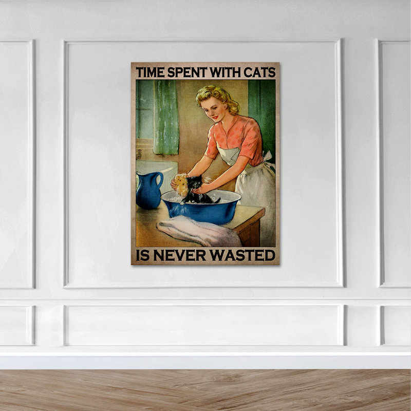 «Girl Bathing Cat - Time With Cats Is Never W gaste», toile tendue avec châssis - Illustration animalière, décor de salon bleu et orange