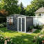Remise de rangement extérieure en métal 10 pi x 8 pi avec fenêtre et support à fleurs, remise à outils verrouillable à deux portes, remise de jardin imperméable et imperméable pour patio, gris