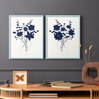 Indigo Sketch Bouquet I-Premium Framed Print -Ready to Hang - No Nails Required - No Nails Required