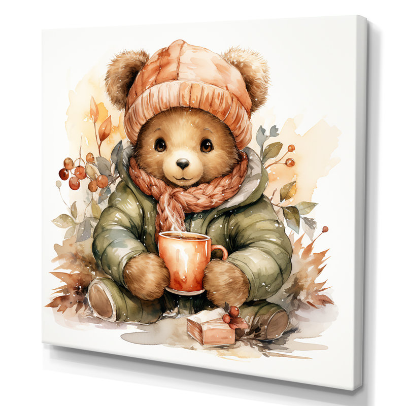 Cozy Teddy Bear chocolat en hiver III - art mural de l'ours en peluche, Toile tendue, H 16 po x l 16 po x P 1 po