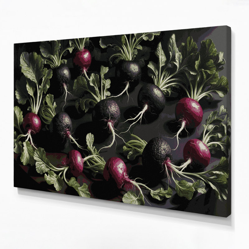 Légumes, radis, art mural noir sur toile, H 11 po x l 14 po