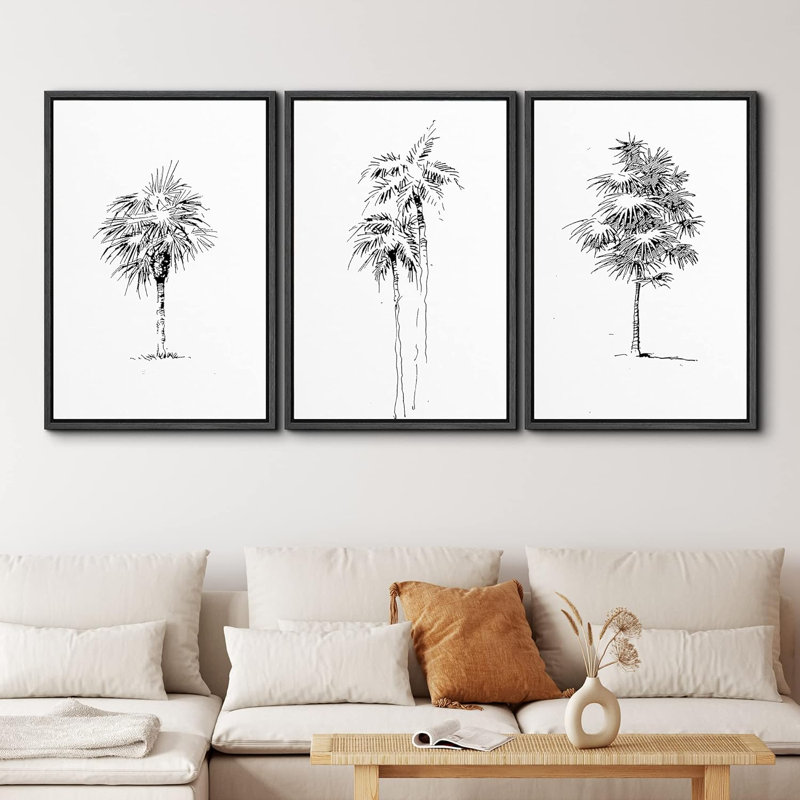 Minimalist Tree " Black And White Tropical Palm Tree Simple Minimalist Neutral Modern Art Work Room Decor " 3 - Pieces, Noir