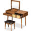 Meuble-lavabo classique en bois brun 43,3 po avec miroir rabattable, tabouret et trois tiroirs