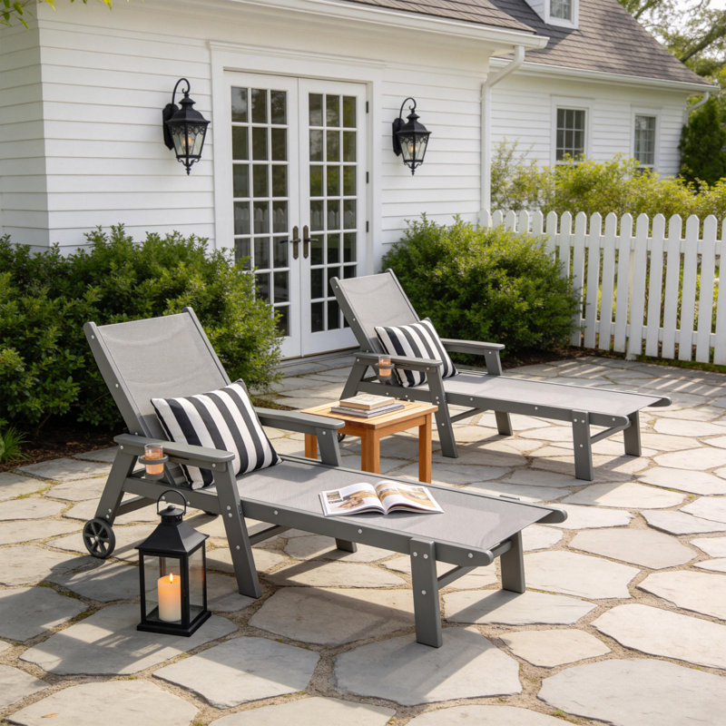 74" HDPE Reclining Chaise Lounge – 5-Position Adjustable with Cup Holder and Wheels, Gray