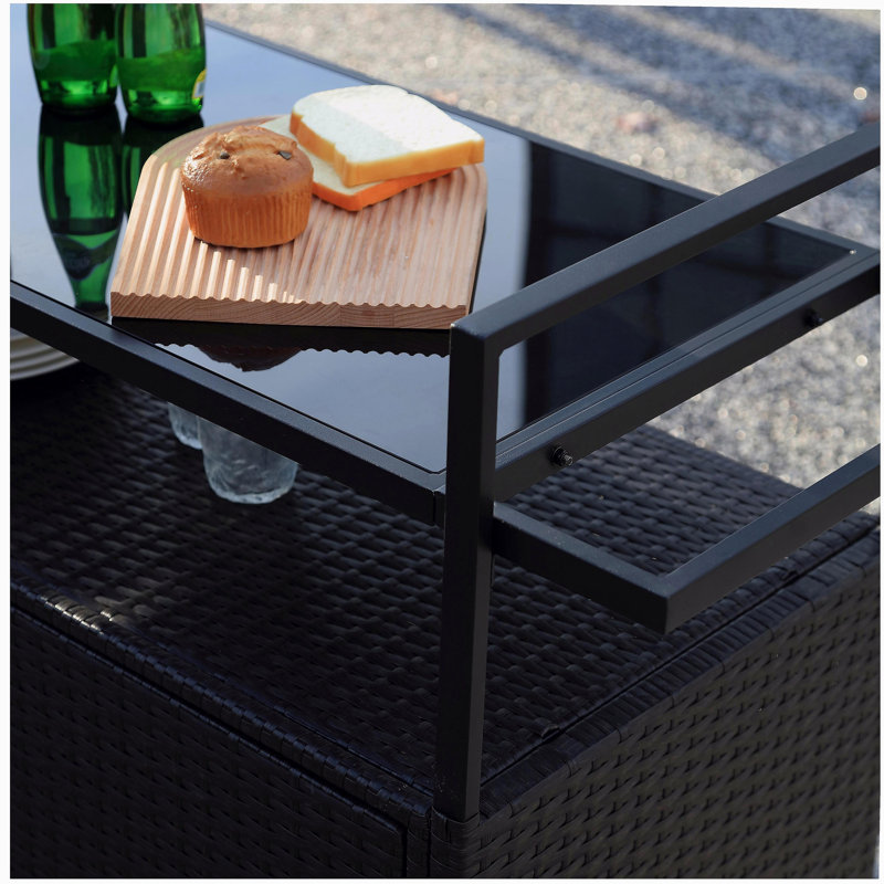 Rolling Rattan Beverage Bar Counter Table W/Glass Top For Porch Backyard Garden Poolside Party, Black