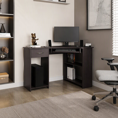 EKKO Corner Computer Desk, L-Shaped Home Office Desk with Drawer, Shelves, and CPU Space