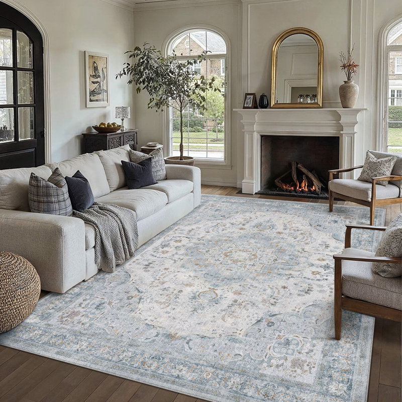 Tapis lavable à motif médaillon rétro avec envers antidérapant, Bleu, Rectangle 9 pi x 12 pi