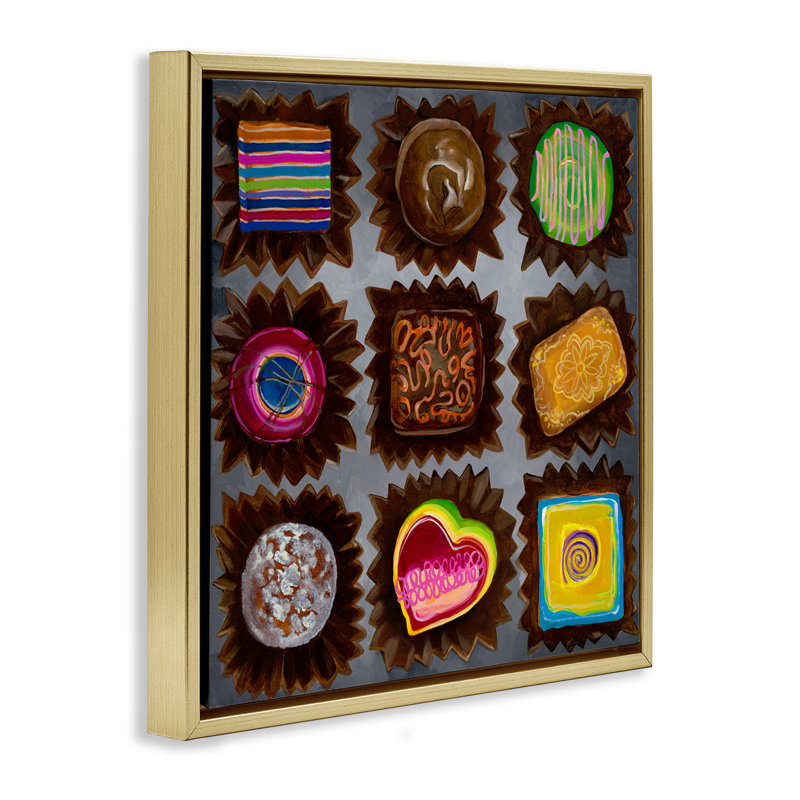 «Divers Dessert Chocolates», art mural encadré par Liz Jardine, Cadre flottant métallique doré, H 25 po x l 25 po