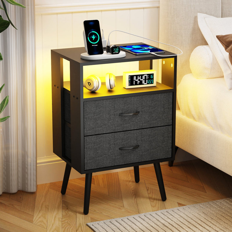 Ensemble de 2 tables de chevet modernes avec station de charge, tables de chevet avec DEL et tiroirs en tissu, Noir