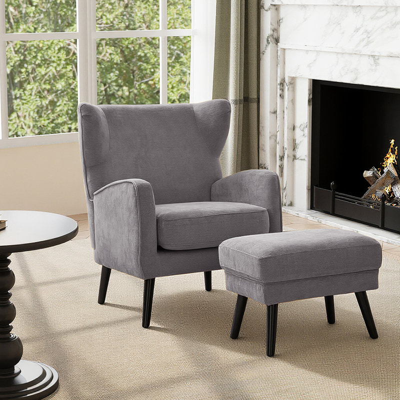 Upholstered Wingback Chair with Footstool, Grey Velvet