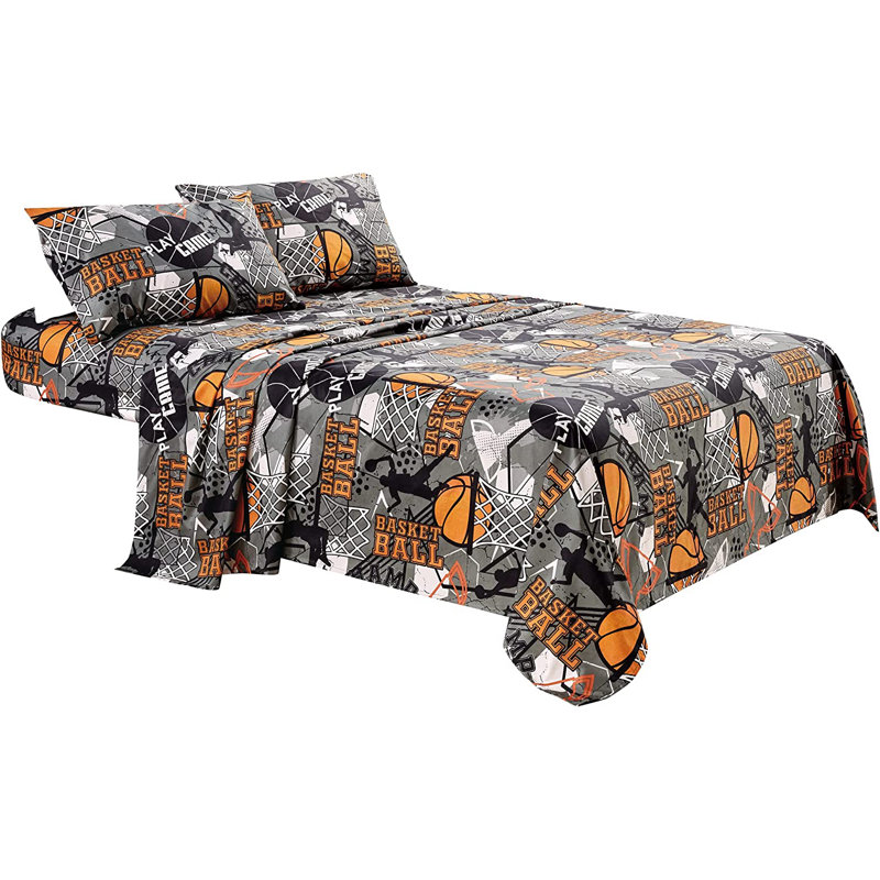 Fun Kids Teens Microfiber Sheet Set, Full Sheet Set with 2 Pillowcases, Gray Basketball Sports