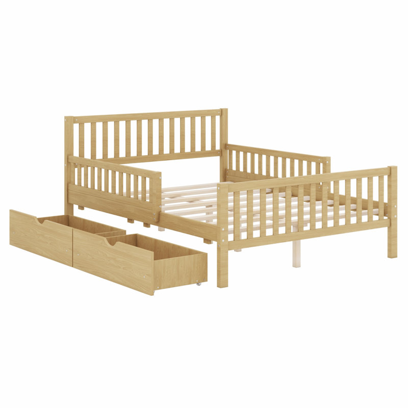 Lit plateforme contemporain en bois avec garde-corps et tiroirs, Lit double