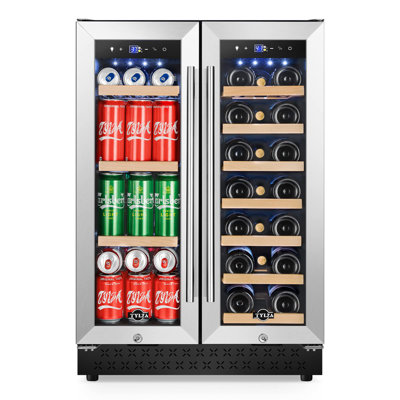 Réfrigérateur à vin et à boissons 24 pouces, refroidisseur de vin à deux zones avec porte française, réfrigérateur à bière encastré ou autoportant, peut contenir 20 bouteilles et 88 canettes