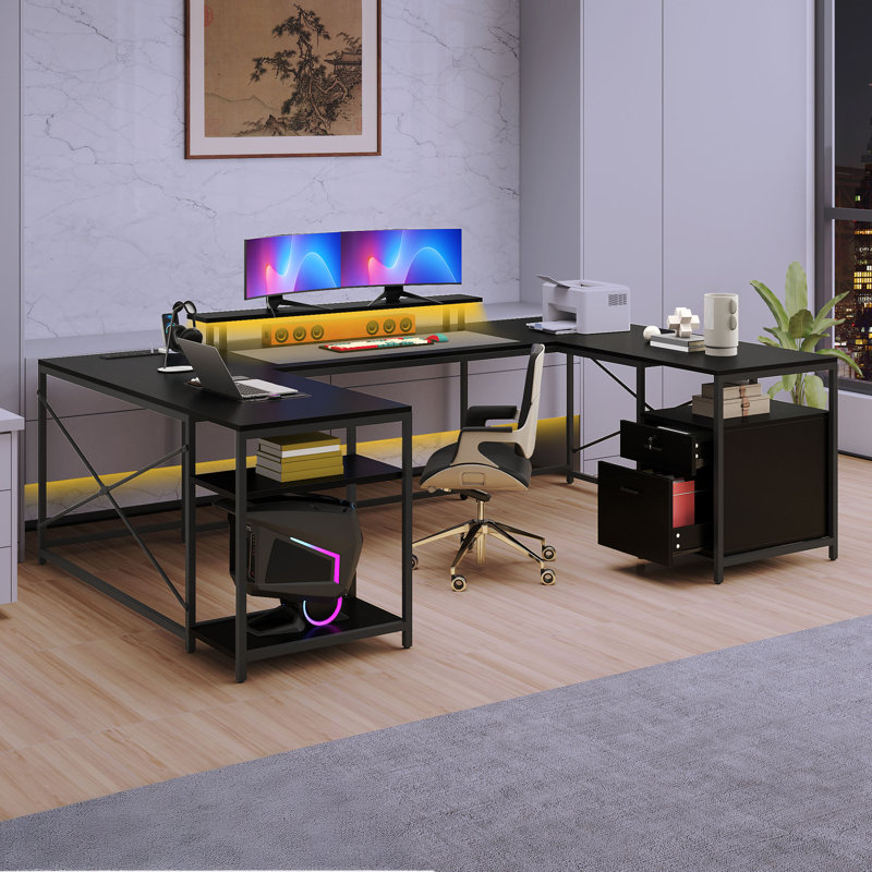  U-Shaped Desk With Power Outlets & LED Lights, Reversible Computer Desk With Storage Drawers & Shelves, Black