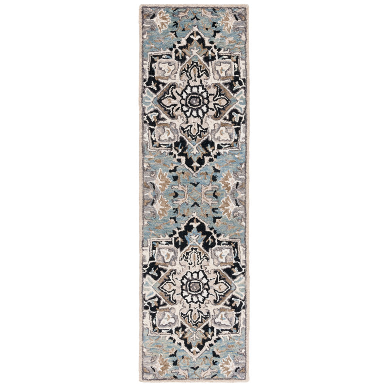 Frederikson Tufted Wool/Cotton Southwestern Rug in Black/Blue/Brown, Runner 2'3" x 8'