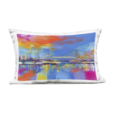 Bay Bridge Aglow at Sunrise Outdoor Printed Pillow, design by Chromatic Storm Studio