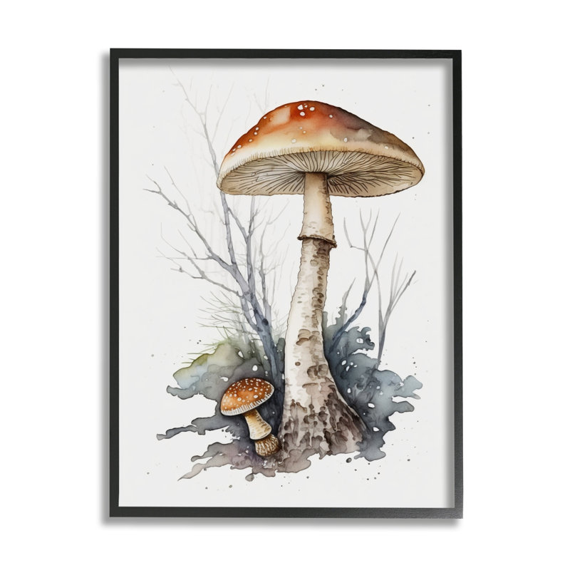Bb-064-Champignon aquarelle éclaboussure encadrée sur bois, Giclée encadrée noir minuit, H 20 po x l 16 po x P 1,5 po