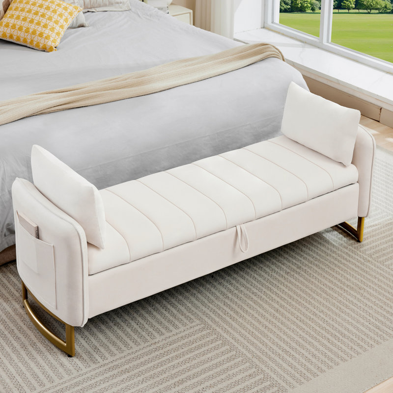 66"W Velvet Bedroom Storage Bench End of Bed King Size with Gold Legs and 2 Pillows, Cream Velvet