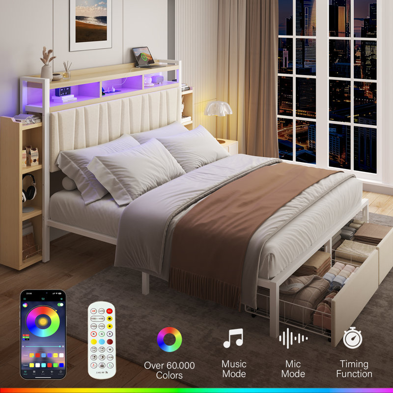 Upholstered King Size Bed Frame With 2 Storage Drawers & 2 Bedside Shelves, Modern Platform Bed With Charging Station & LED Light,Beige