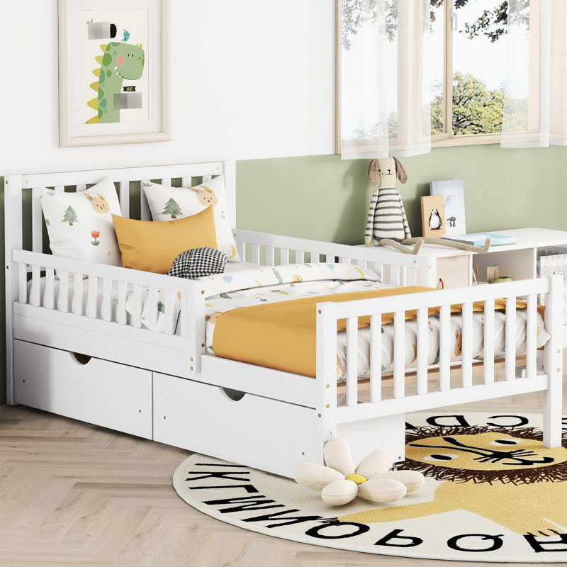 Lit plateforme simple en bois blanc avec garde-corps et avantages de rangement, Lit simple, Blanc