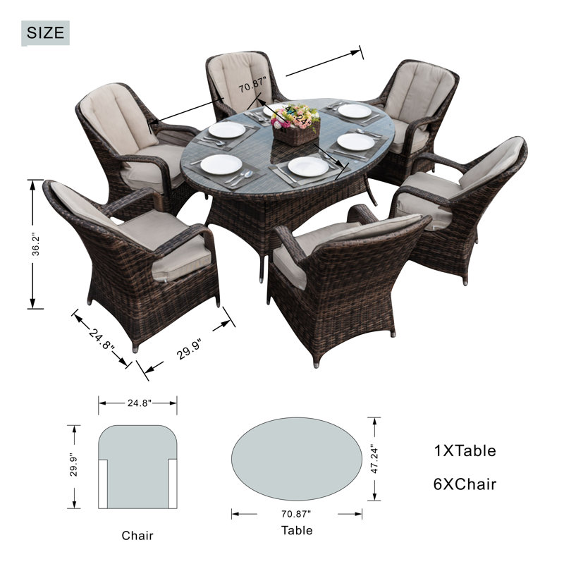 Ensemble de salle à manger ovale 6 personnes avec coussins 70,87 po, Brun / Beige