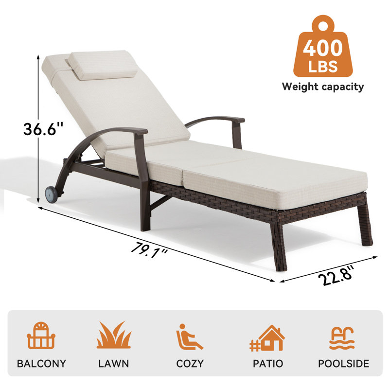 Outdoor Lounge Chairs Set Of 2 With 6 Adjustable Position Backrest 115-180° For Poolside, Backyard, Lawn, Deck, Beige