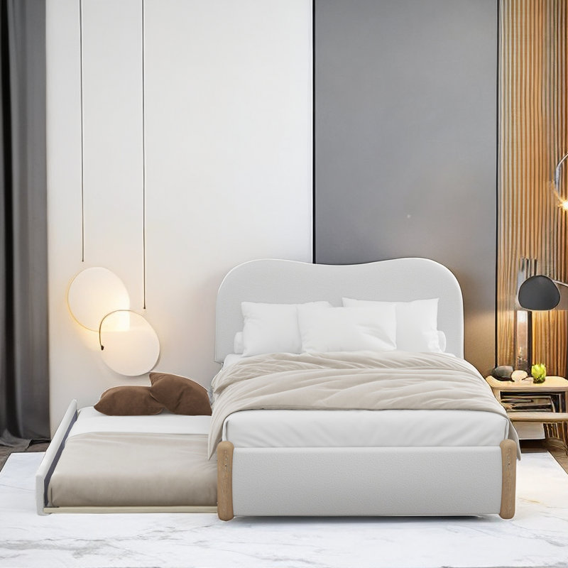 Berber Fleece Platform Bed With Curved Headboard And Twin Size Trundle, Full, White